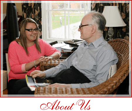 Go to the About Us page; a young woman talks with an old man in a house